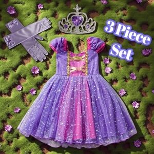 3T Rapunzel Tangled Costume Dress W/ Crown & Gloves Princess Dress Up Play Set